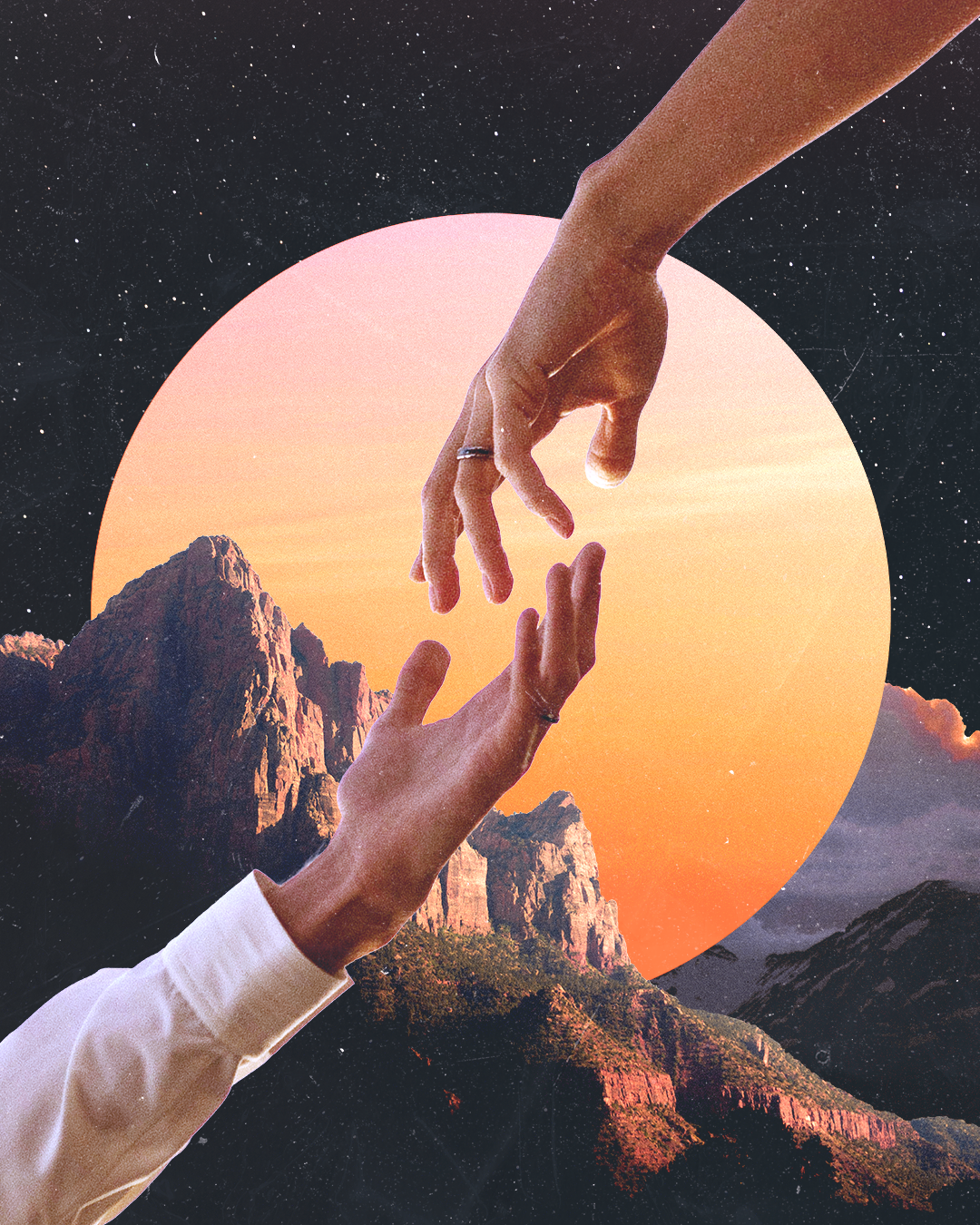 Digital collage of two hands reaching towards each other, symbolizing connection, with a mountainous landscape and a large orange sunset in the background, set against a starry night sky.