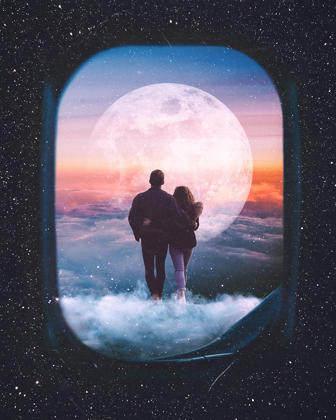 A couple walking on clouds, viewing a large moon in a colorful sky, seen through an airplane window against a starry background.