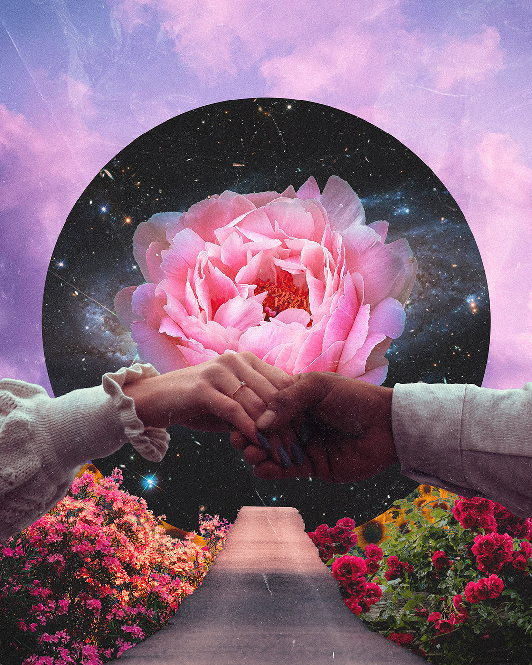 Two hands holding each other in front of a large cosmic background with a pink flower in the center, a pathway leading into a field of pink and red flowers, all against a purple sky.