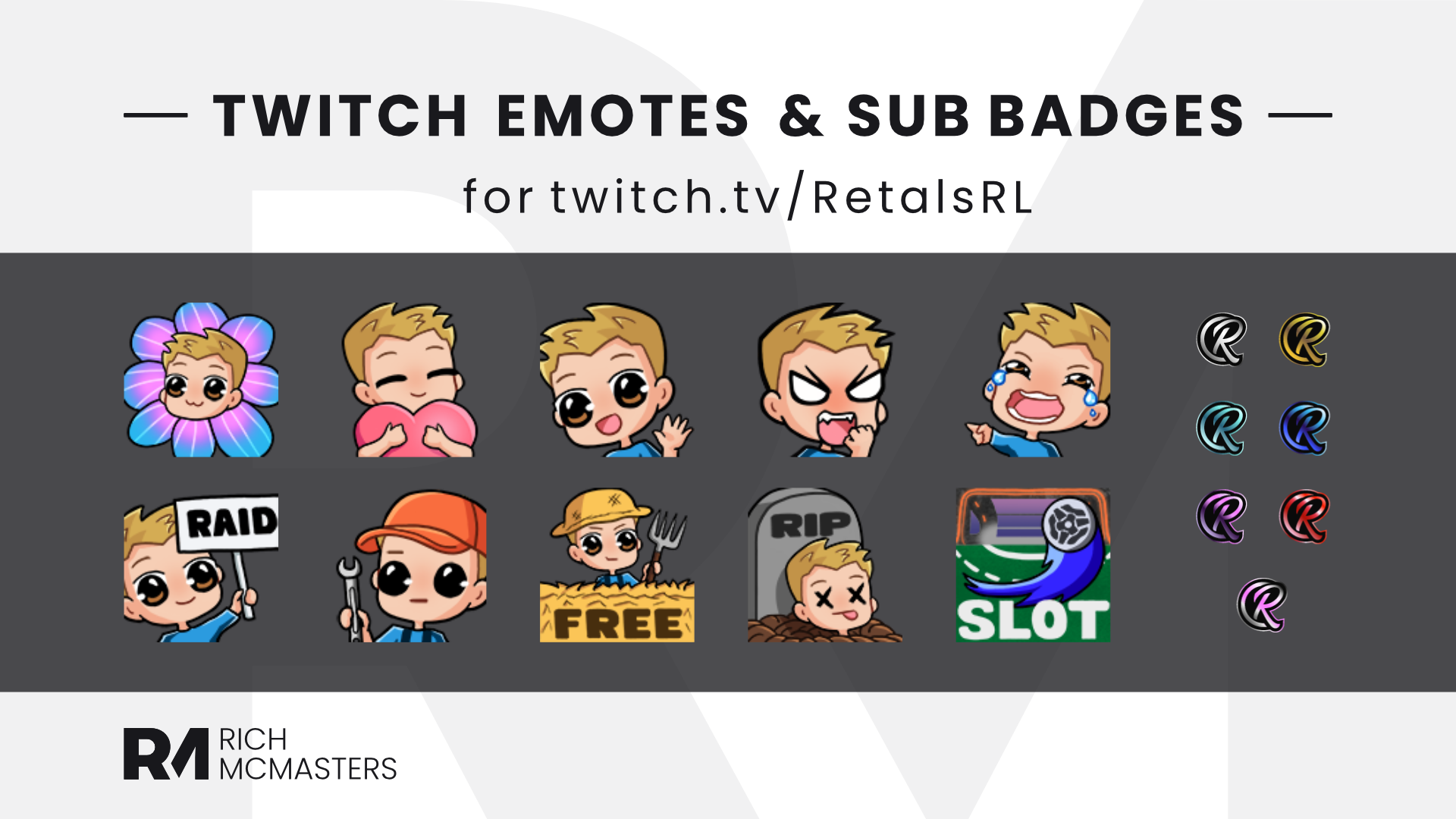 Collection of colorful Twitch emotes and sub badges, including a man with a flower, hugging heart, smiling face, angry face, crying face, raid sign, mechanic with orange hat, farmer, and tombstone.