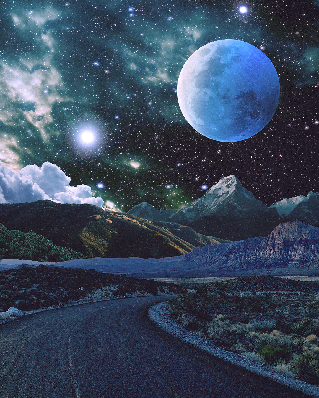 A surreal landscape featuring a mountain range, a winding road, and a star-filled night sky with planets, including a large blue moon, and cosmic clouds.
