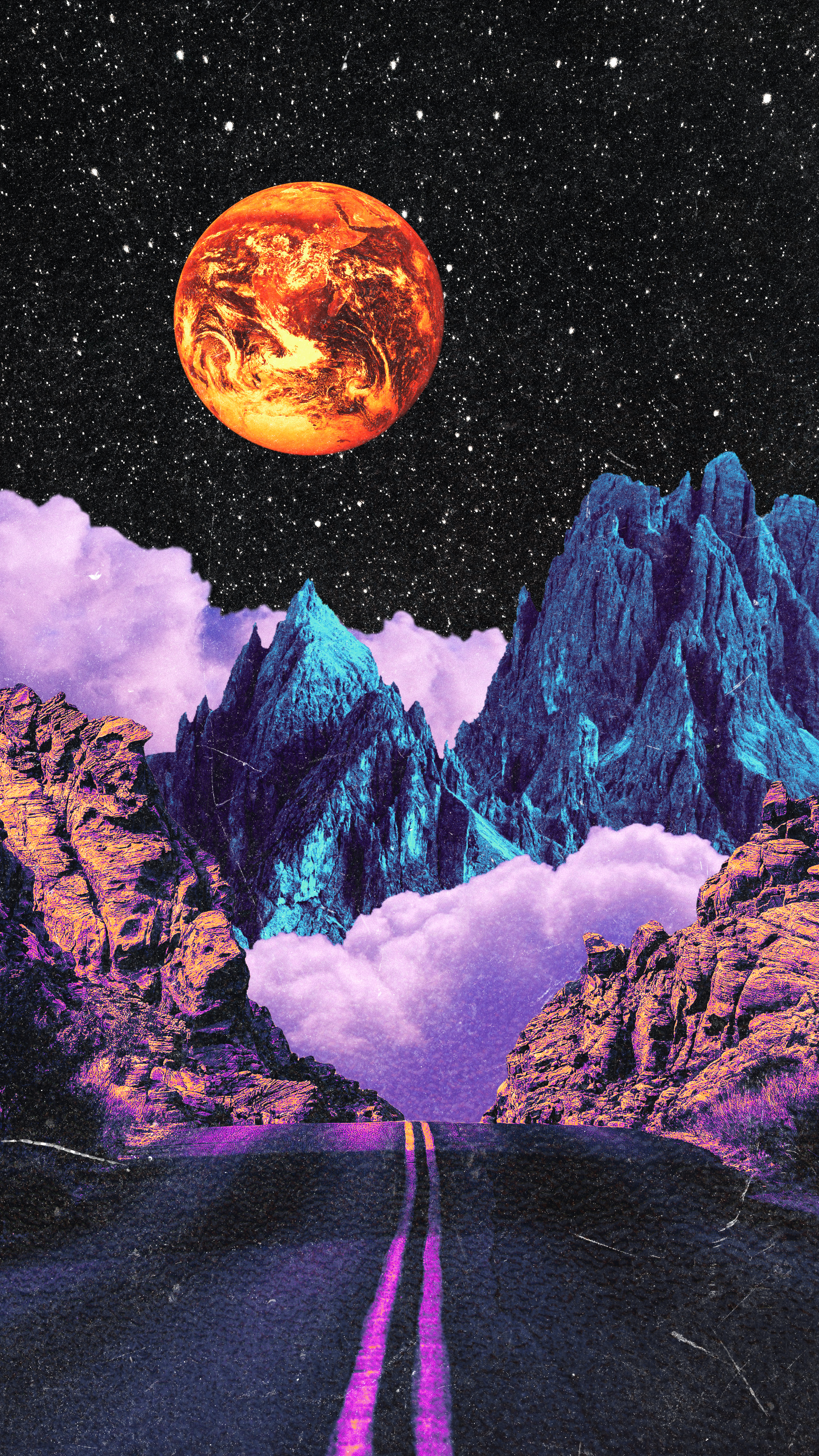 A surreal landscape featuring a purple and black road leading towards jagged blue mountains and pink clouds, with a starry night sky and a fiery red planet above.