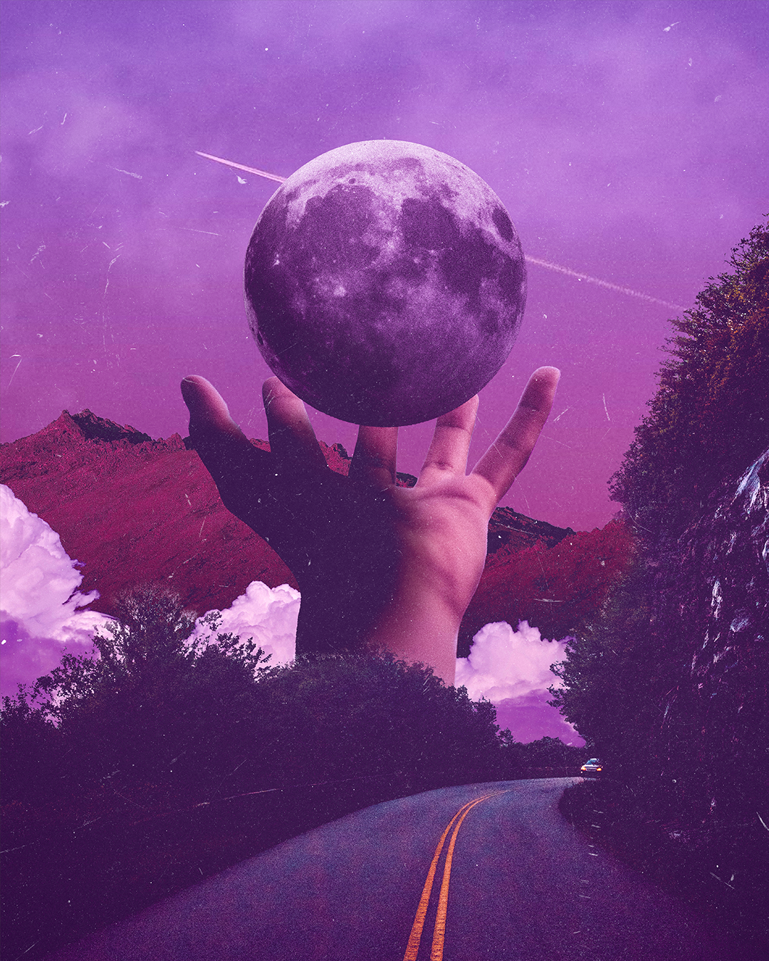 A surreal image of a large hand holding a moon against a purple sky, with mountains, trees, clouds, and a curving road with a car.
