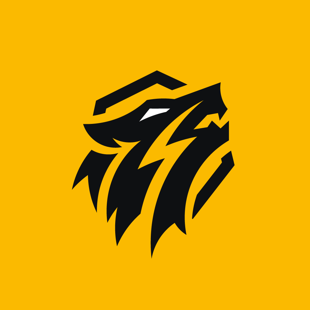 Stylized wolf's head logo in black with a lightning bolt on a yellow background.