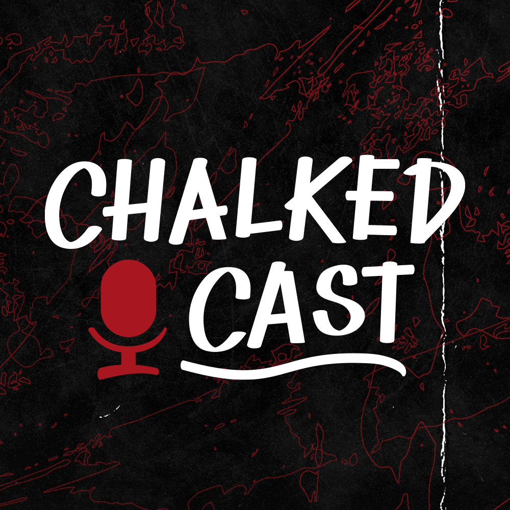 A logo design for the Chalked Cast podcast on black background with red map outlines. The white text 'Chalked Cast' is accompanied by a red microphone icon.