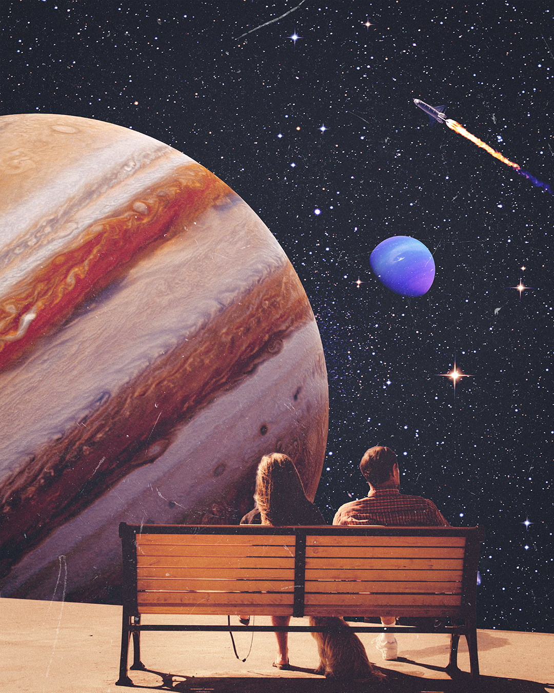 A couple sits on a park bench observing a large planet, possibly Jupiter, and distant planets and stars in space, with a rocket flying nearby.