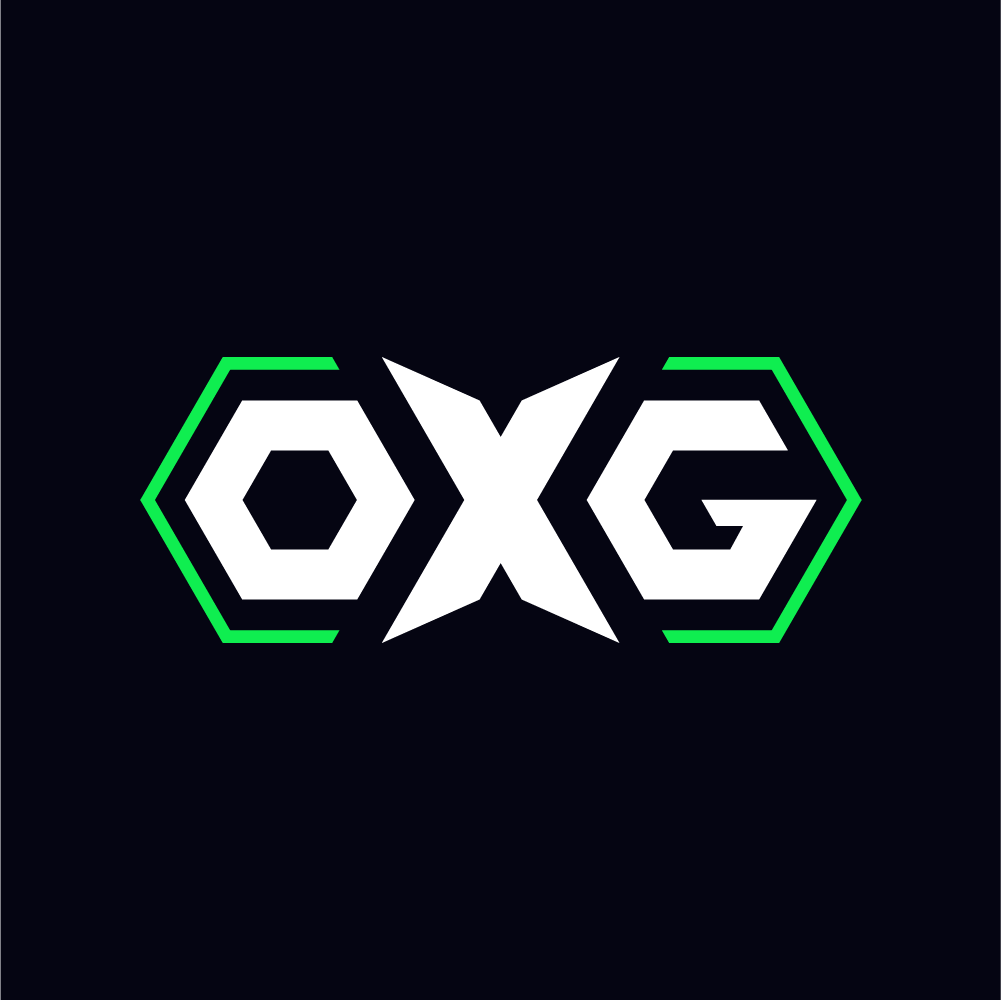 Logo with stylized letters 'O', 'X', and 'G' in white, surrounded by green hexagon outlines on a black background.