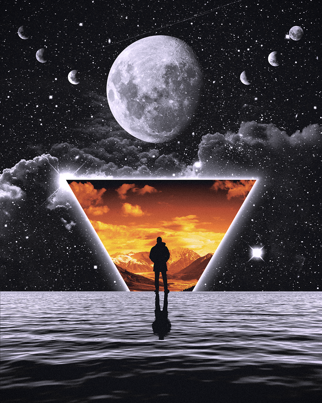Person standing on water in front of a glowing, triangular opening revealing a mountain landscape during sunset, with a starry sky, large moon, and multiple phases of the moon in the background.
