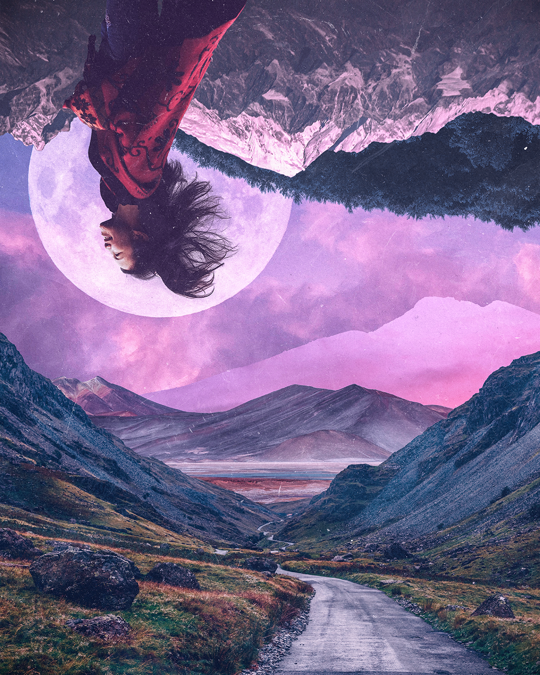 A surreal landscape scene with a woman in a red scarf, her hair blowing, positioned upside down, with a large full moon behind her and mountains in the distance, featuring a pink and purple sky.