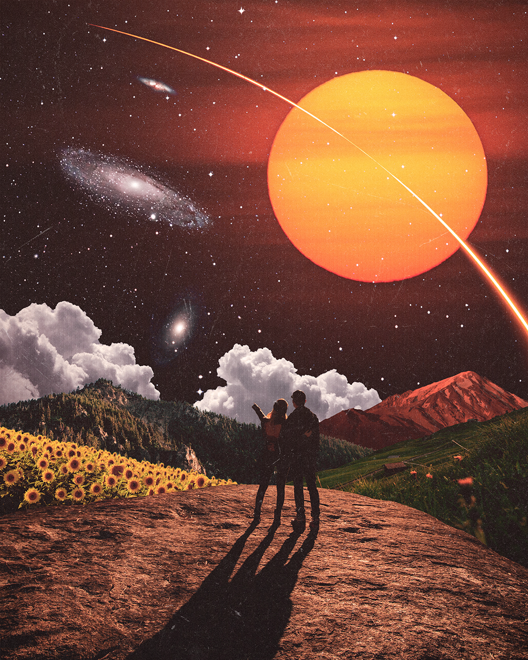 Two people standing on a rocky surface in a landscape with green hills, mountains, and a sunflower field, gazing at a surreal night sky featuring a large orange sun, a starry sky, galaxies, and a meteor shower.