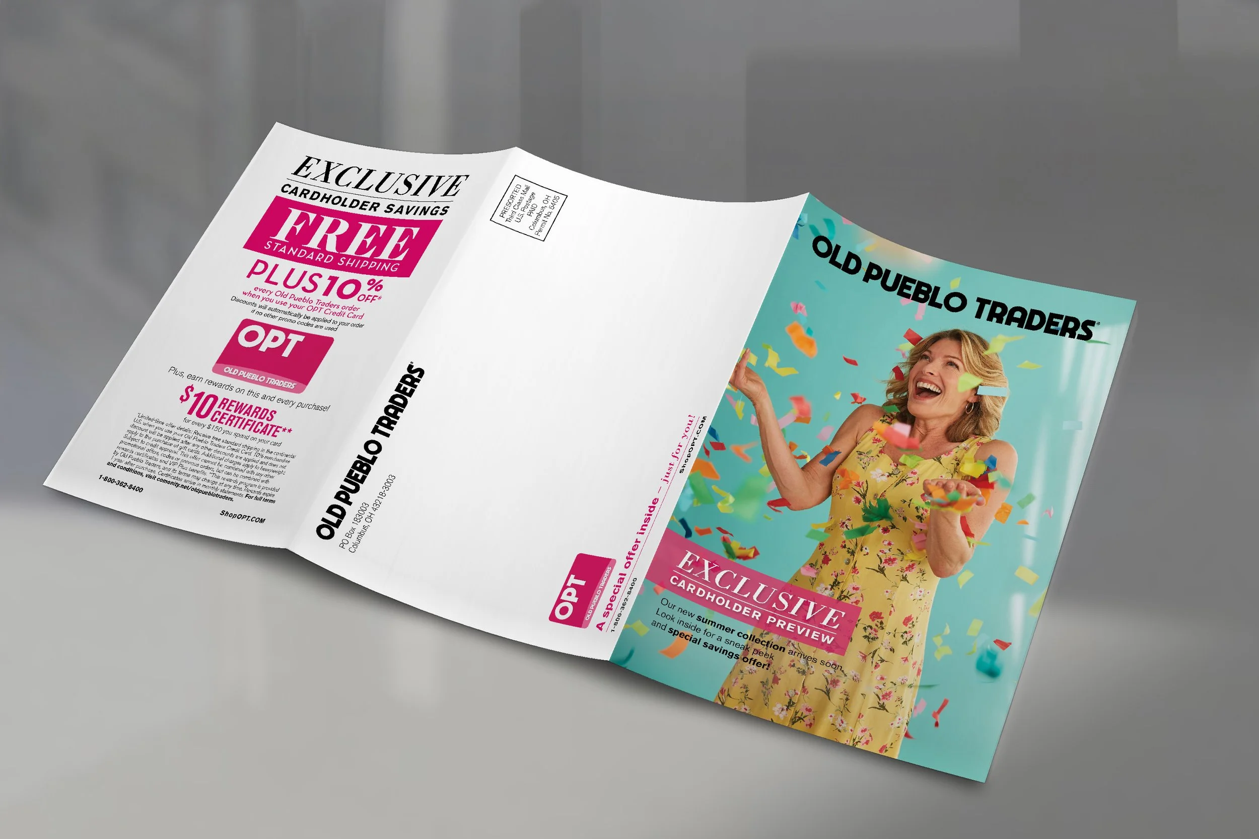 A colorful magazine advertisement showing a woman celebrating with confetti, promoting exclusive cardholder savings, free shipping, and rewards at Old Pueblo Traders.