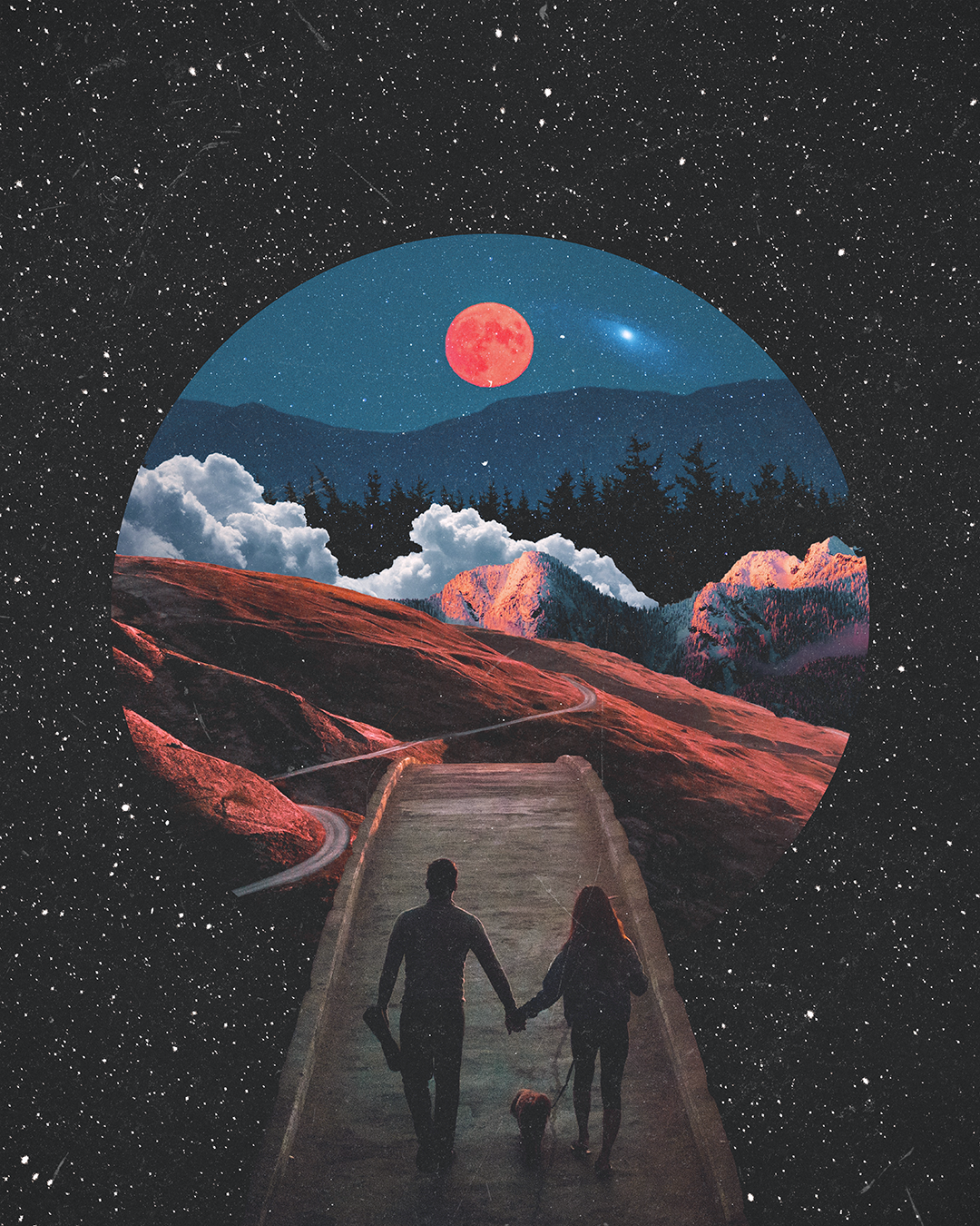 An artistic collage of a couple walking a dog on a wooden bridge, leading to a surreal landscape with mountains, trees, clouds, a large red moon, and a starry sky, framed by a starry universe background.