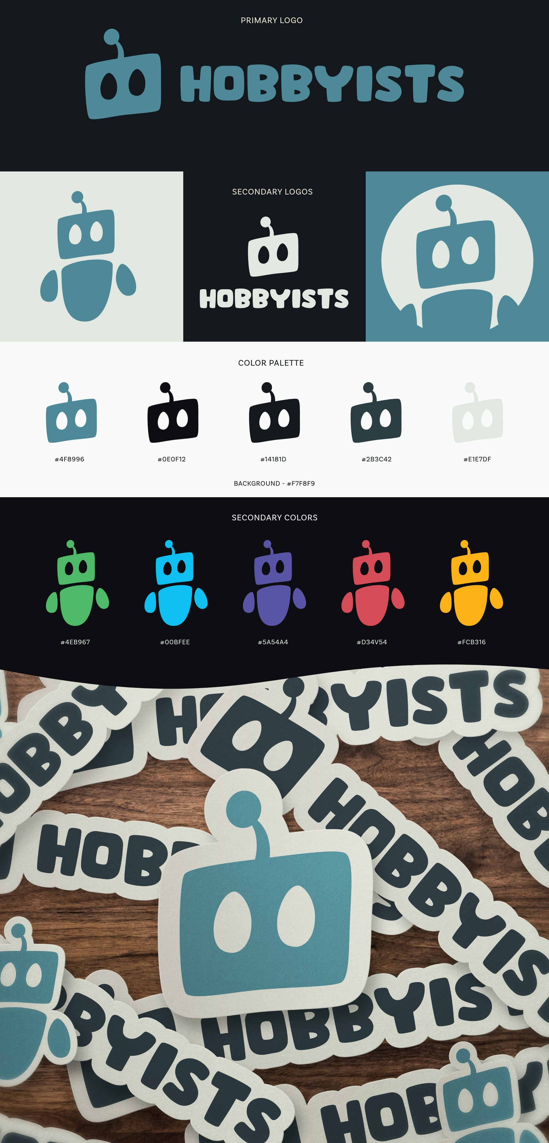 A collection of stickers and logos featuring a robot face with antenna, in various colors including teal, black, purple, red, yellow, and various shades of blue and green. The stickers and logos are displayed on a dark background and scattered on a wooden surface.