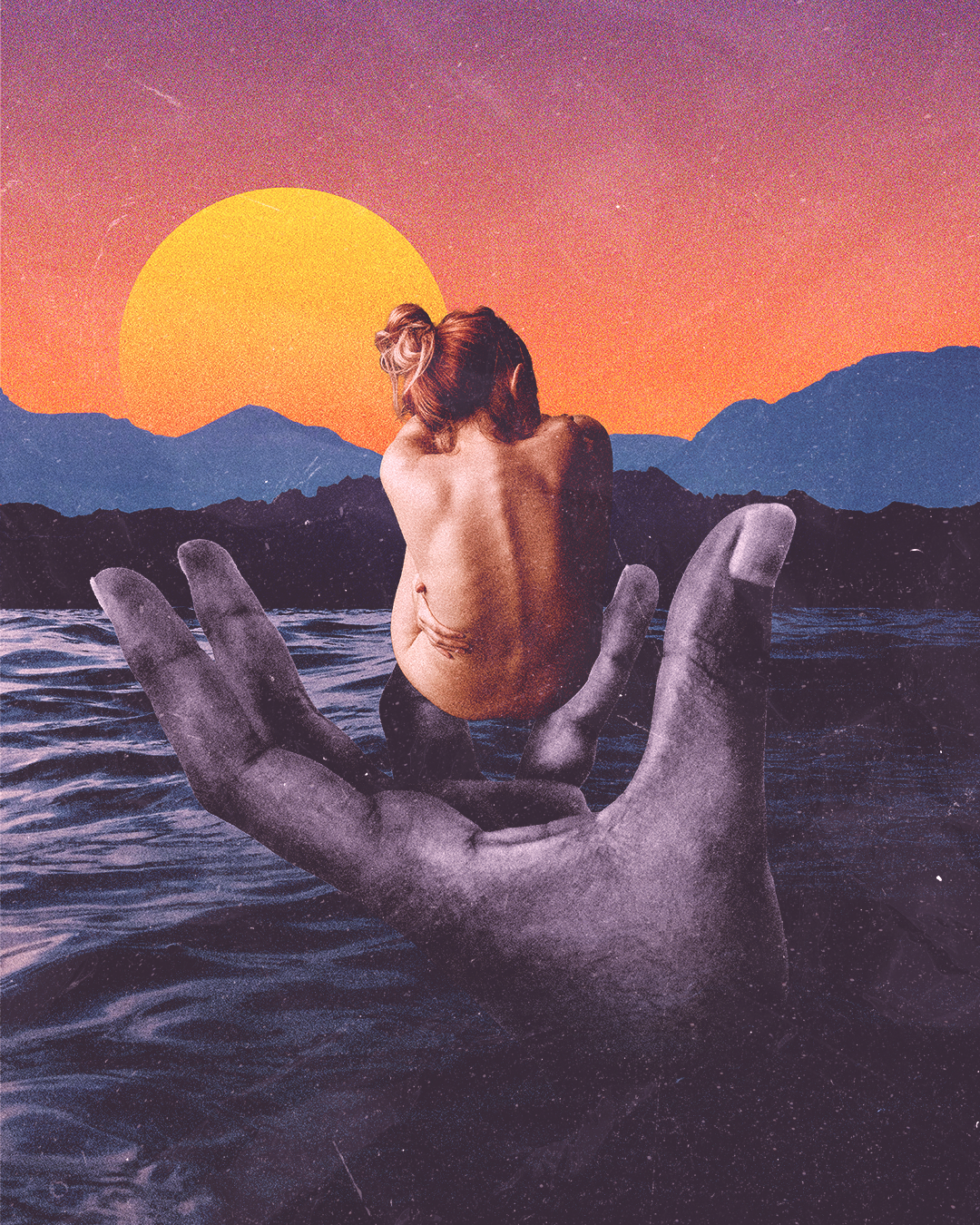 A surreal digital artwork showing a large hand emerging from a body of water, holding a naked woman sitting with her back to the viewer, overlooking a mountain range and a setting sun in the background.