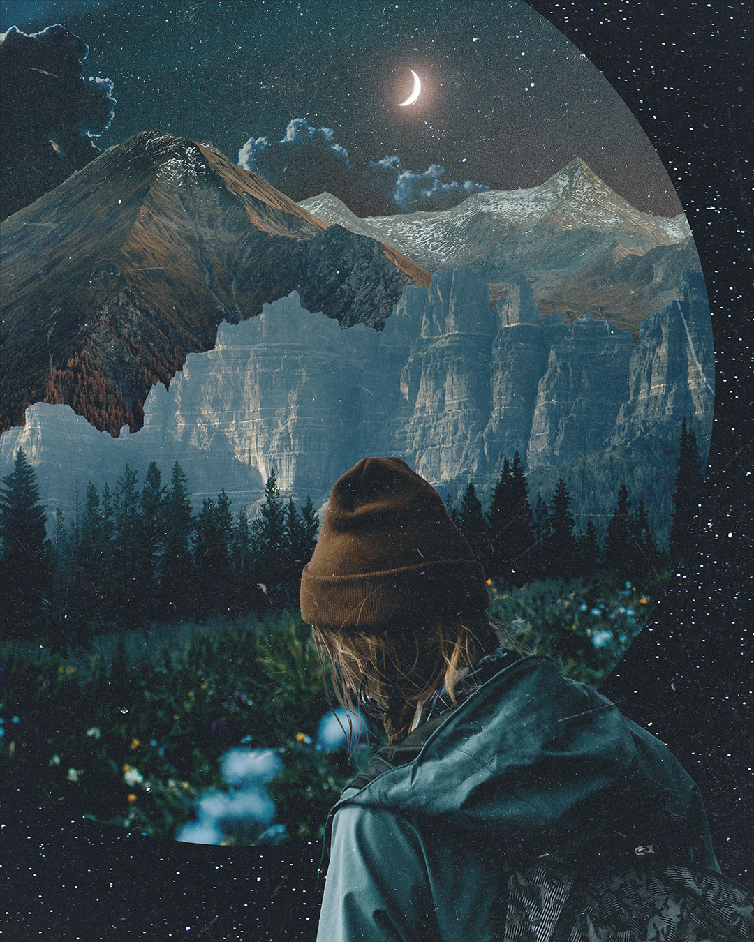A person wearing a brown beanie and a black jacket with a backpack, looking at a scenic mountain landscape with tall mountains, forests, and a starry night sky with a crescent moon.