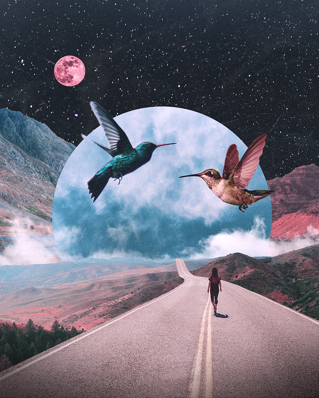 A surreal digital collage of a person walking on a long road toward mountains with a cosmic sky, moons, with two hummingbirds flying in front of a large circle, showing a brighter, more blue sky.