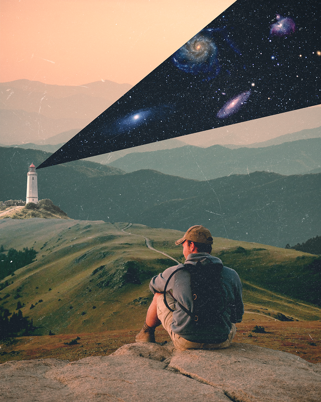 A person sitting on a rock looking into the a mountainous landscape with a lighthouse in the distance against a sunset. There is a triangular strip emitted from the lighthouse that shows another sky filled with colorful galaxies.