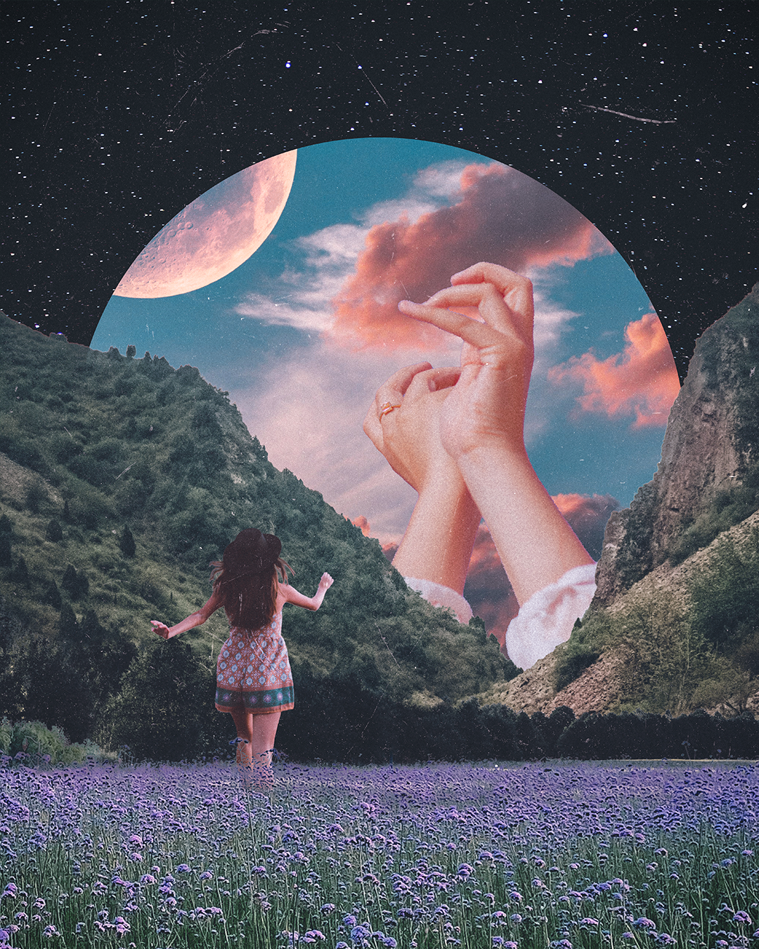 A girl walking through a field of purple flowers with a mountain backdrop, a starry night sky, a large moon, and a pair of large hands reaching from a circular window touching the sky.