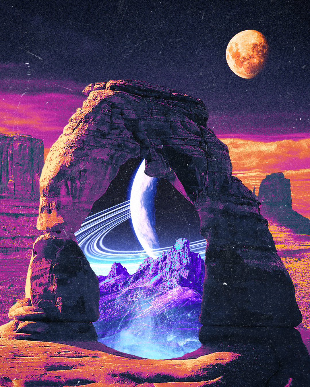 A surreal landscape with a rocky arch formation, a large moon in the sky, and a celestial scene with a crescent moon and rings at the base of the arch, set against a colorful sunset sky.