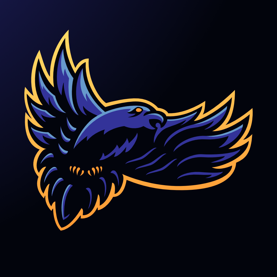 A stylized logo of a raven outstretched wings on a black background, outlined in yellow.