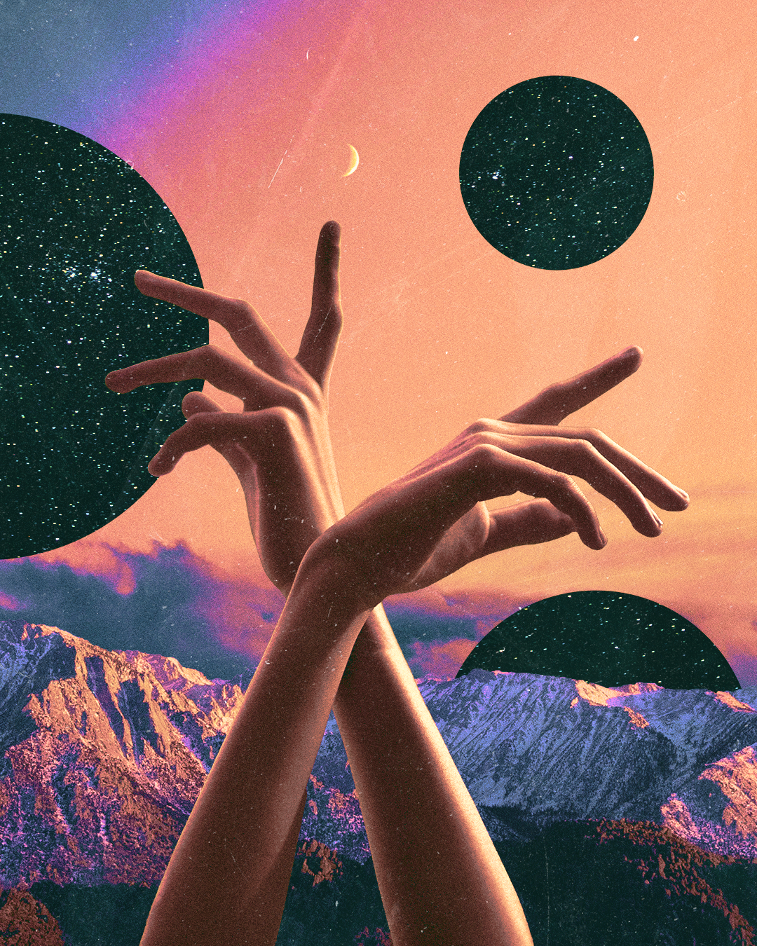 A surreal digital artwork featuring two human hands in the foreground, set against a pastel-colored sky with mountains in the background. The scene includes celestial objects like stars, a crescent moon, and planets, creating a cosmic and dreamlike atmosphere.