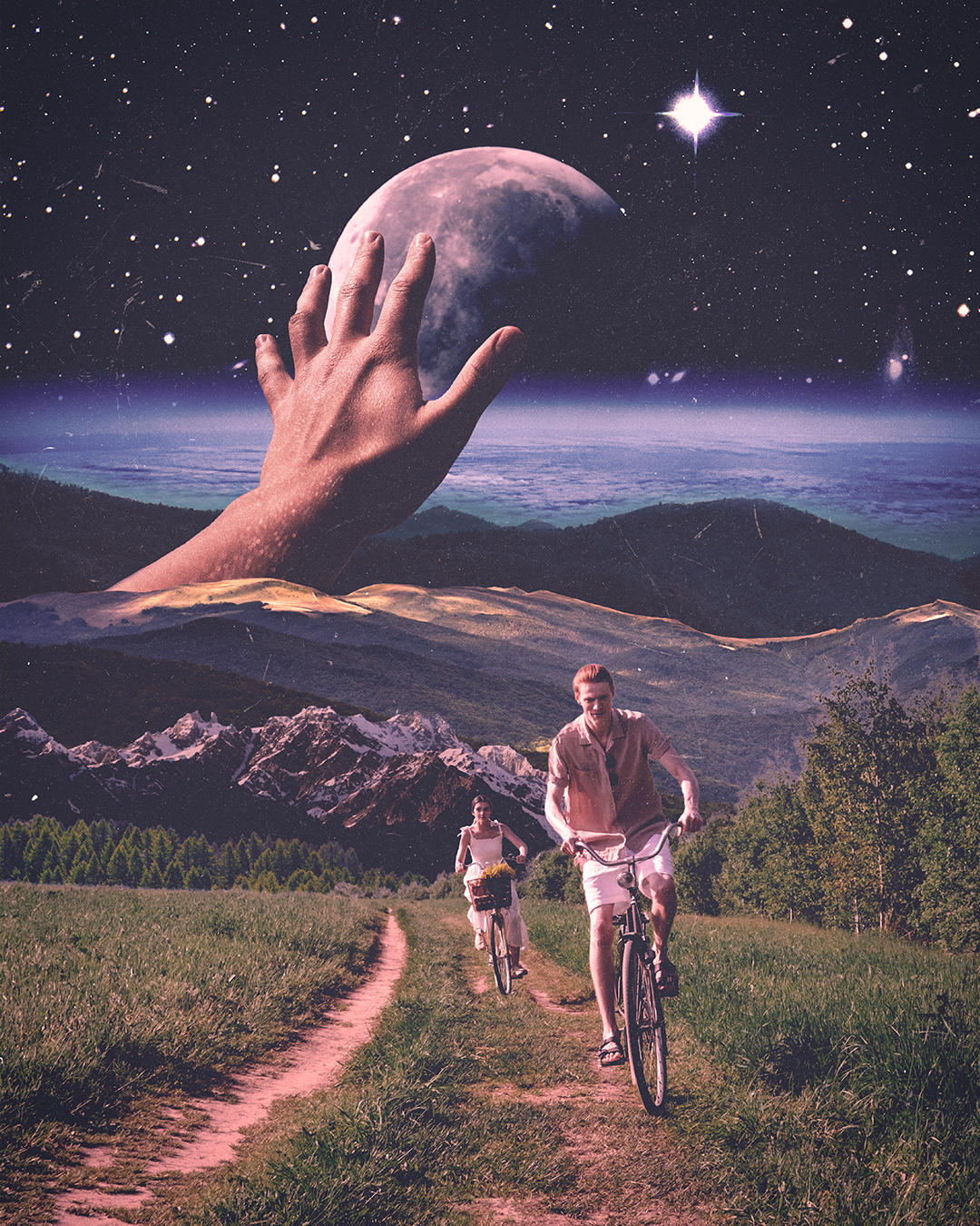 A surreal scene with a large human hand reaching towards the sky, a giant moon in the background, stars, and mountains. In the foreground, two people are riding bicycles on a dirt path through a grassy field.