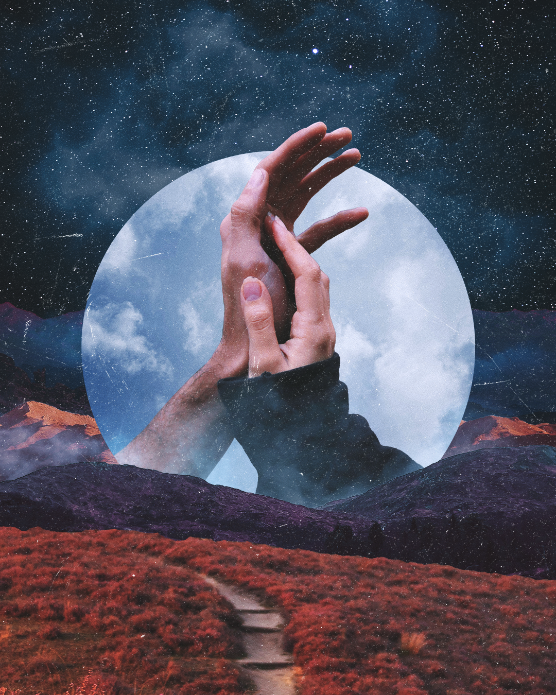 A surreal digital collage of two hands reaching towards the sky, with a background of a starry night sky, a full moon, and a mountain landscape at sunset.
