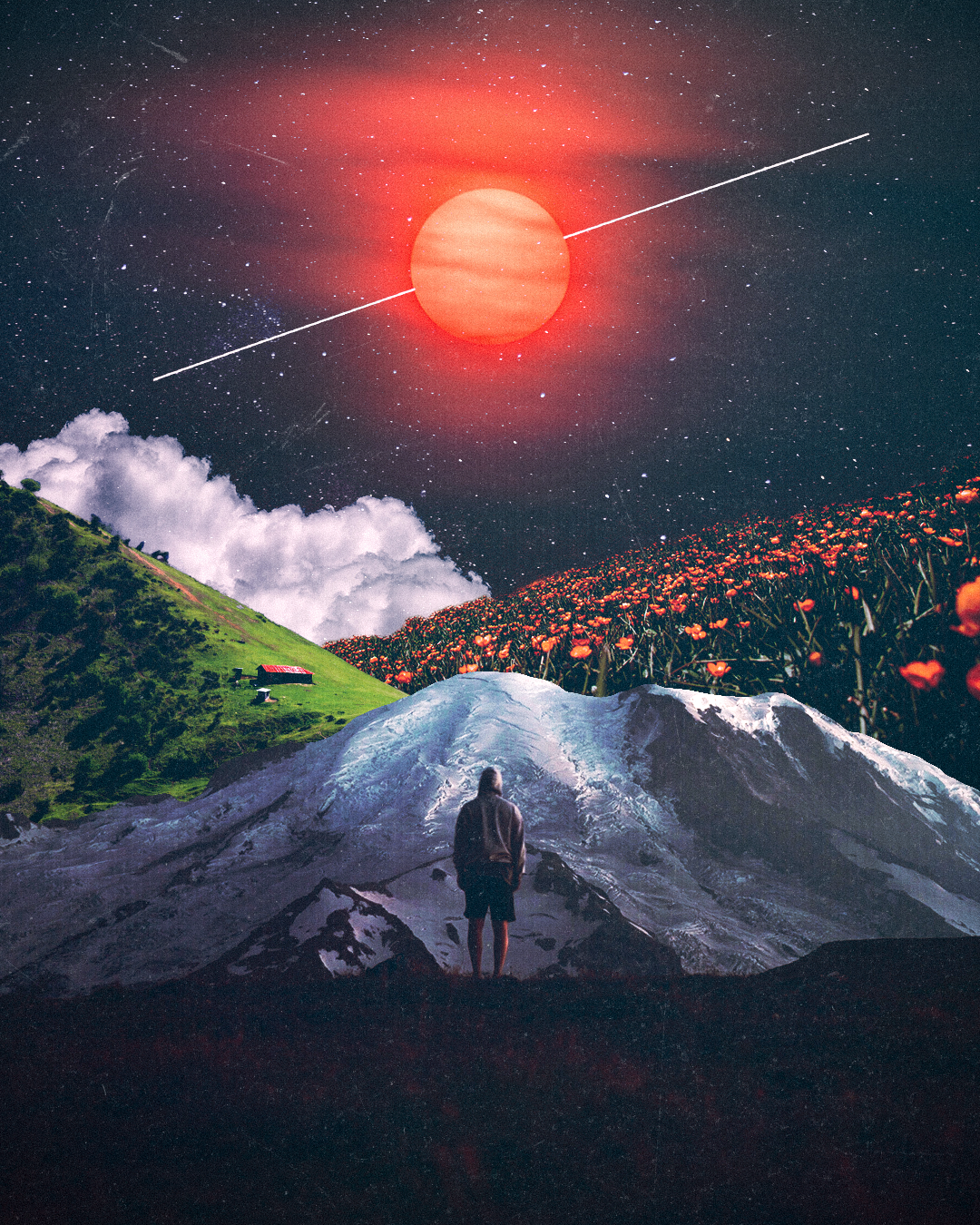 A person stands in front of a mountain with its snowy peak, looking up at a starry night sky with a large, red, glowing sun, a bright star, and a meteor streaking across the sky. The scene combines elements of nature and space.