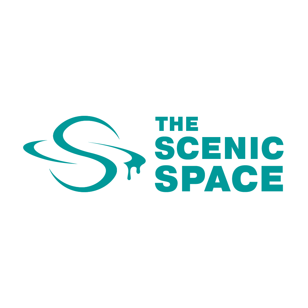 Logo for The Scenic Space featuring a stylized planet with an S shape and rings that look as if they're dripping paint.