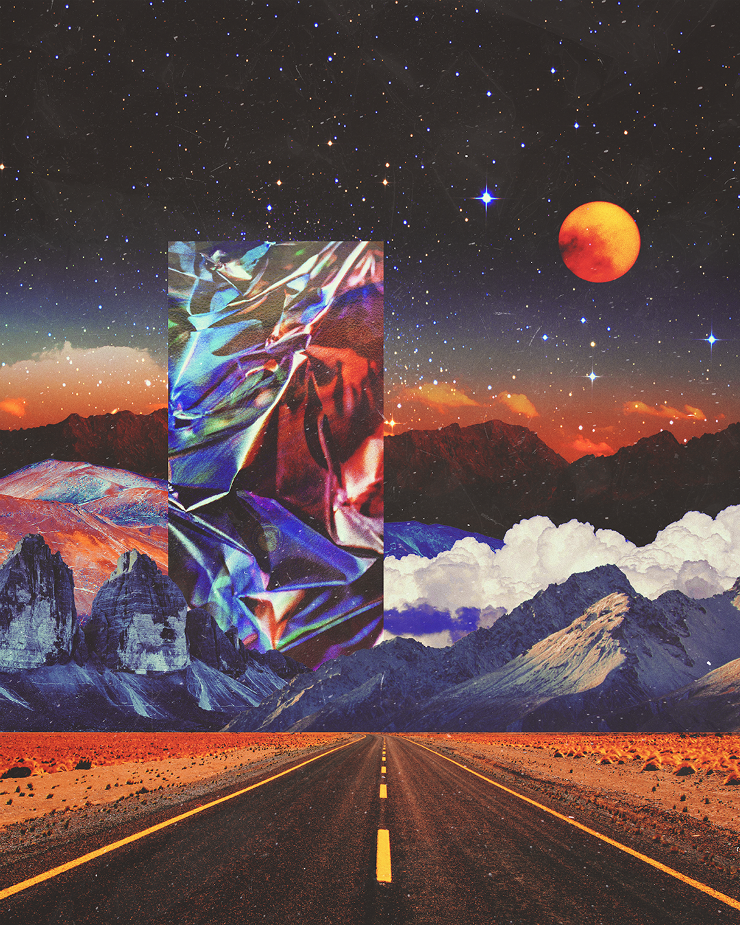 A surreal landscape featuring a dark road in the foreground leading towards rugged mountains under a starry sky with a red moon. A colorful iridescent fabric is draped over a block in the sky, blending with the cosmic scenery.