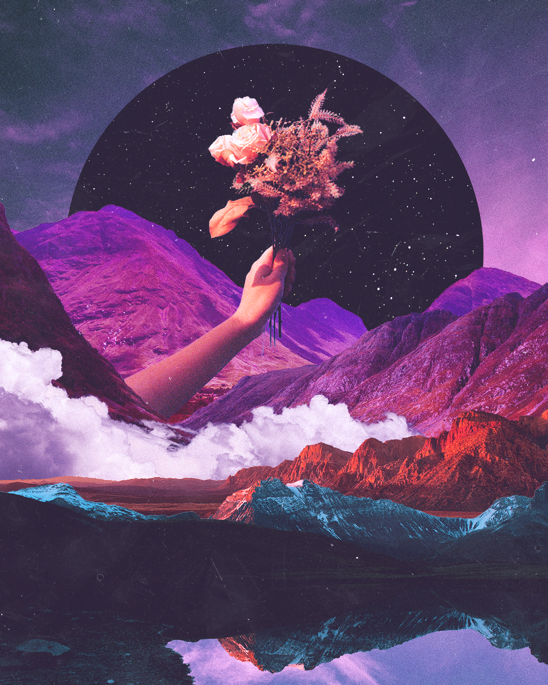 A surreal digital artwork featuring a hand holding a bouquet of flowers in front of a mountainous landscape with colorful sky, mountains, clouds, and a starry black circle in the background.