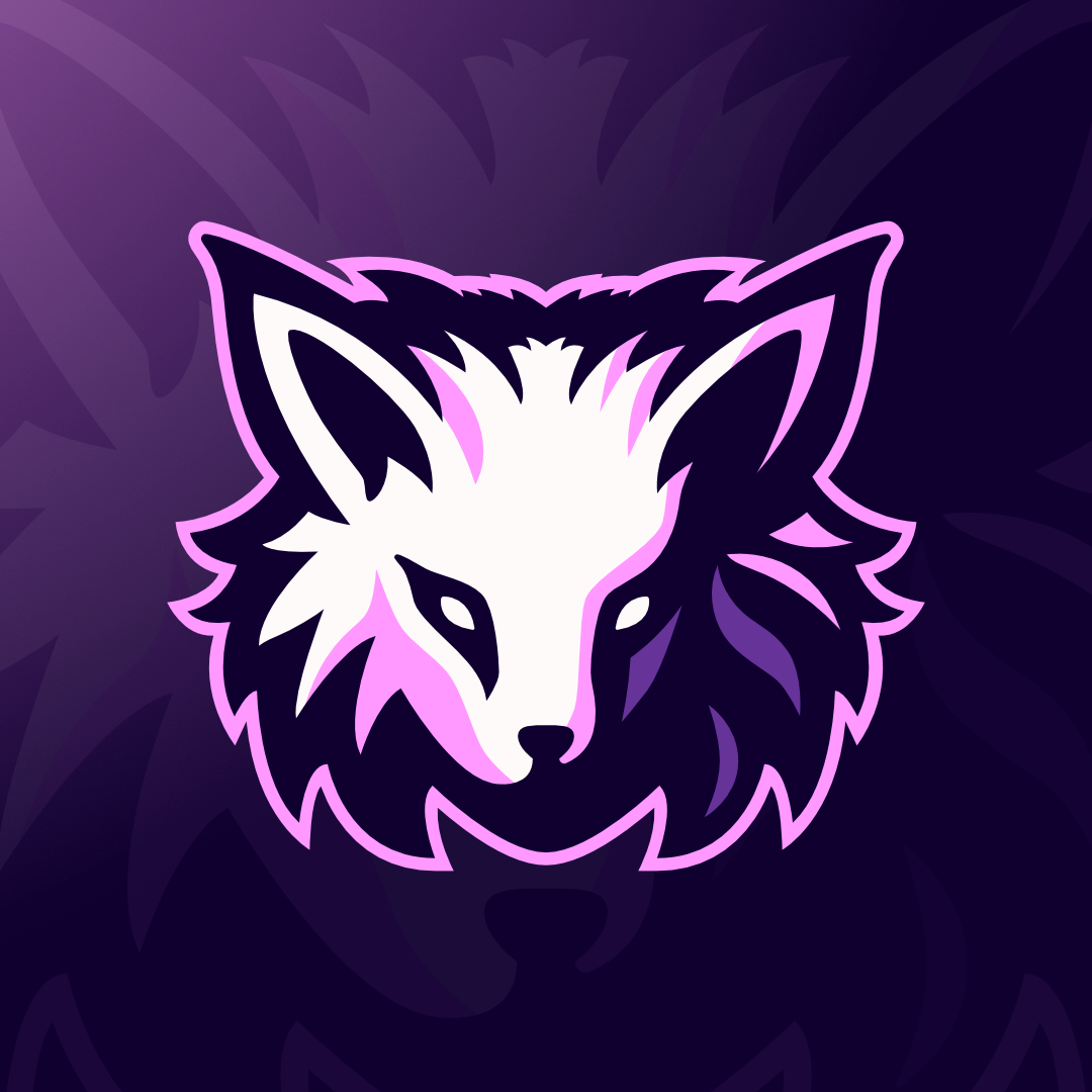 A stylized logo of an artic fox's face with a dark background and pink and white accents.