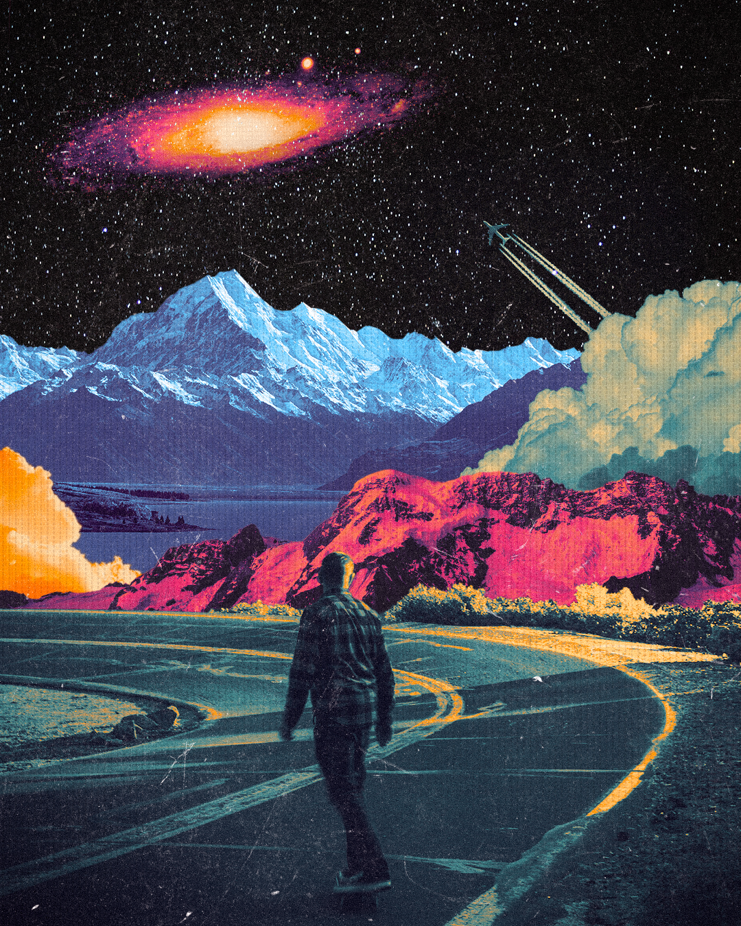 A person skateboarding on a road with mountains, colorful clouds, and a starry night sky featuring a galaxy and a spaceship.