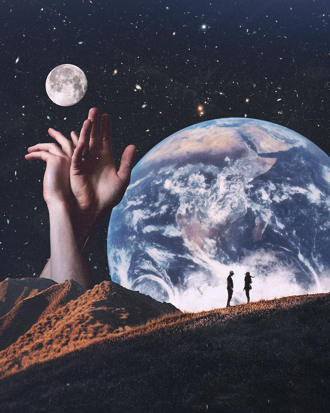 A surreal image of the Earth from space, with a large hand reaching toward the moon, and two hikers standing on a hill in the foreground.