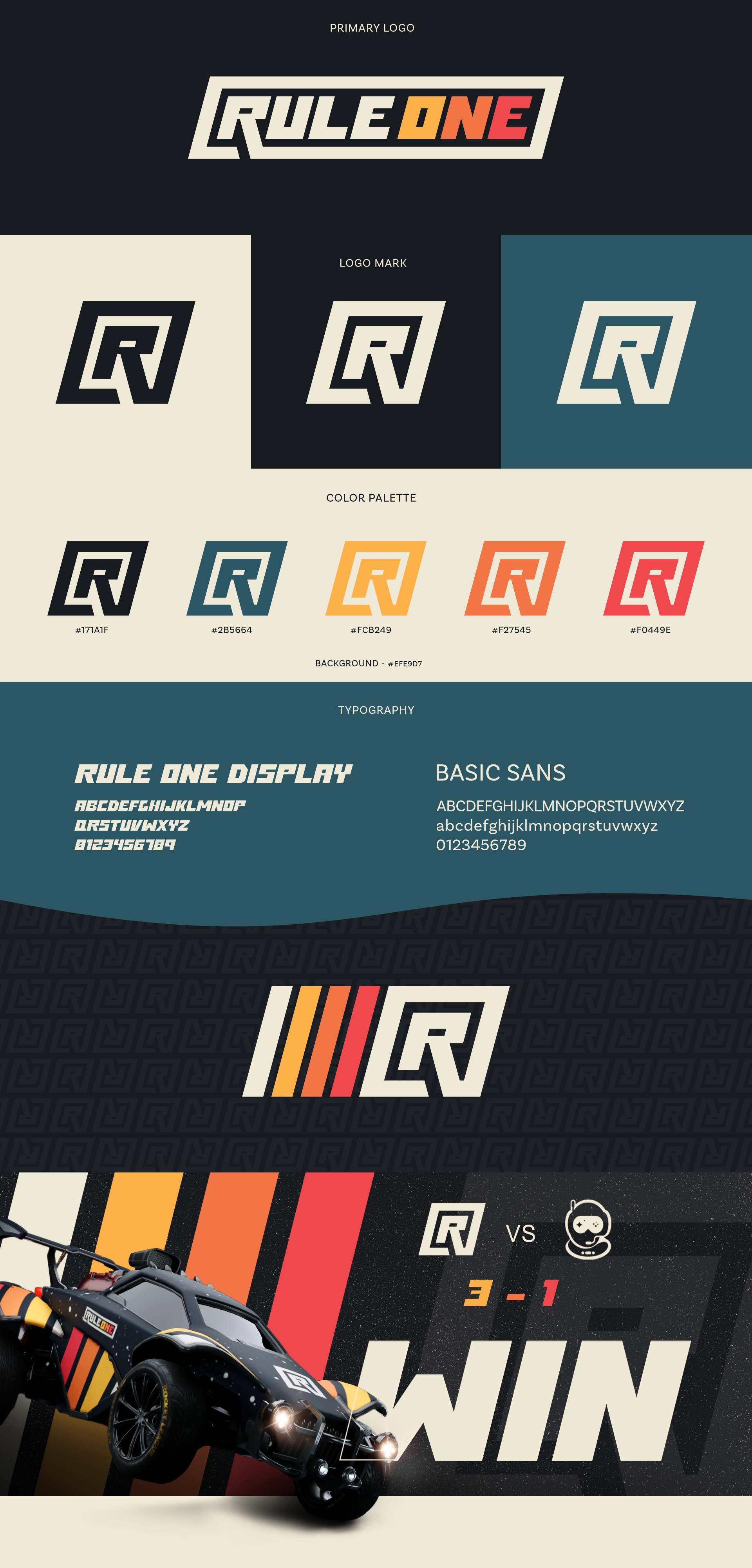 Design layout for Rule One branding, showcasing logo designs, color palette, typography, and a racing game comparison with a sports car.