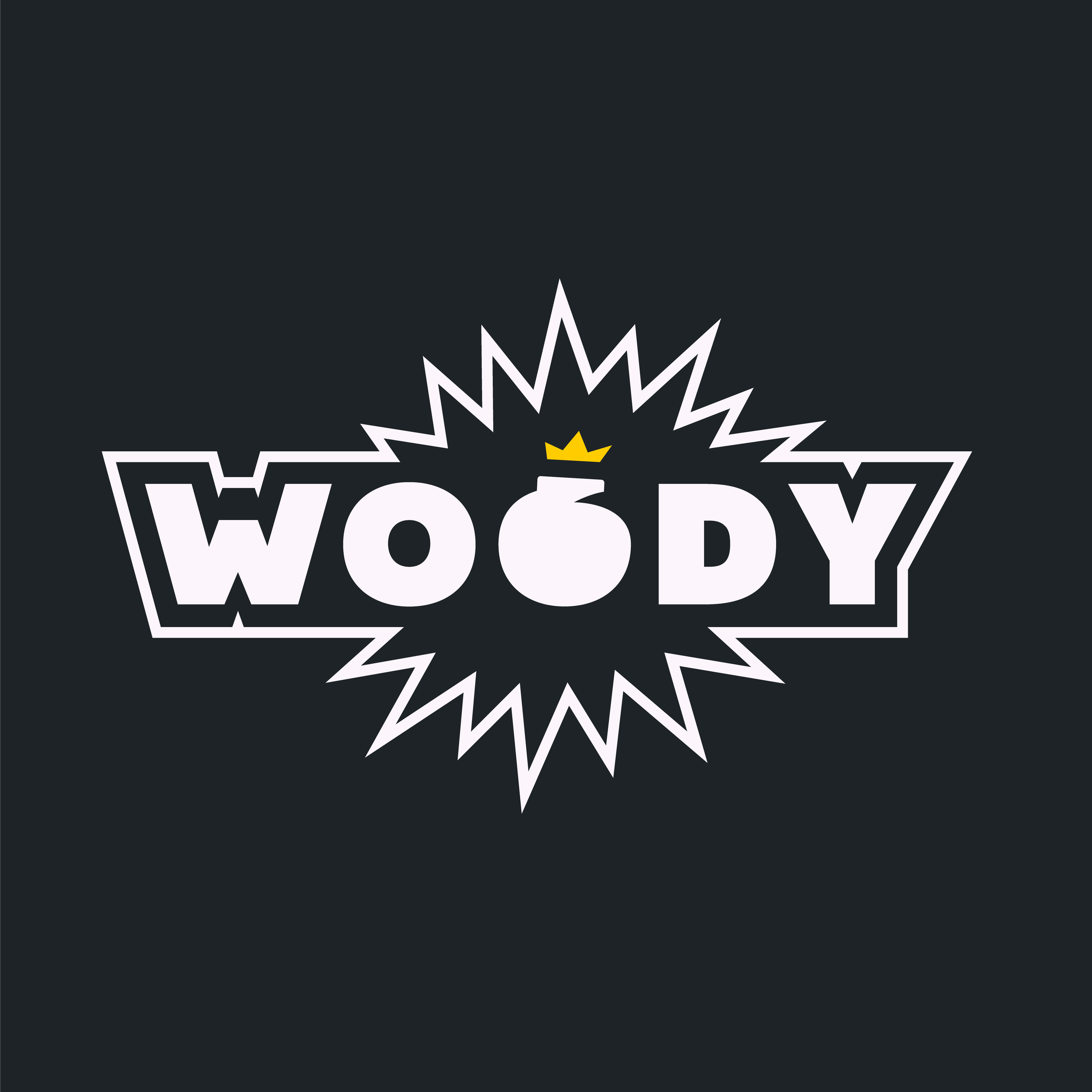 Stylized black and white logo for a content creator named "Woody." The letters are surrounded by a thin outline that radiates in the middle like an explosion, centered around a bomb that is used for the second "o" in the name.