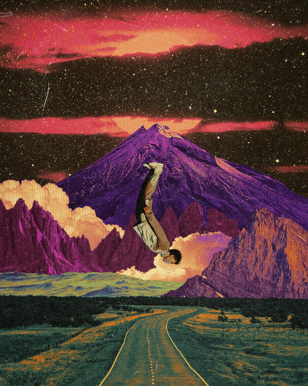 A surreal collage of a man falling upside down over a mountain landscape with a starry sky, pink clouds, and a purple mountain in the background.
