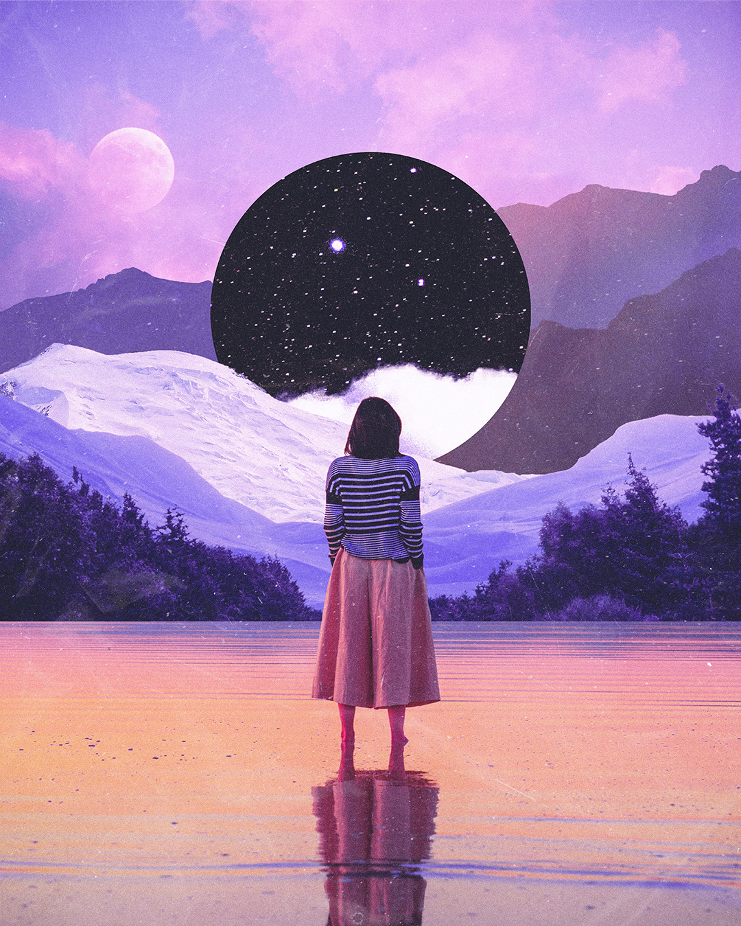 A woman standing on a reflective surface, facing a surreal mountain landscape with snowy peaks and a dark circular portal showing a starry night sky and a moon, with purple clouds and mountains in the background.