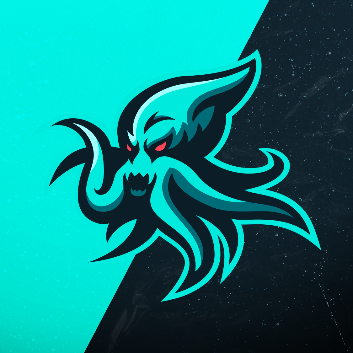 A stylized logo of a kraken with outstretched tentacles and glowing red eyes, set against a split teal and dark starry background.