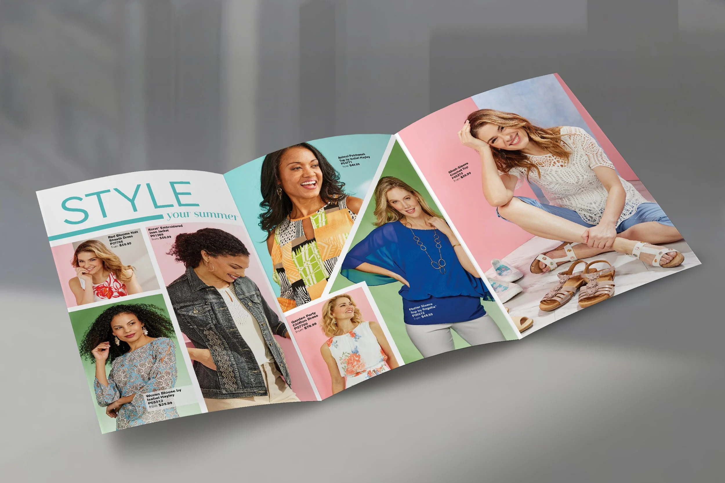 Open fashion magazine showcasing summer clothing styles with models wearing colorful dresses, tops, and accessories, along with shoes displayed on the page.