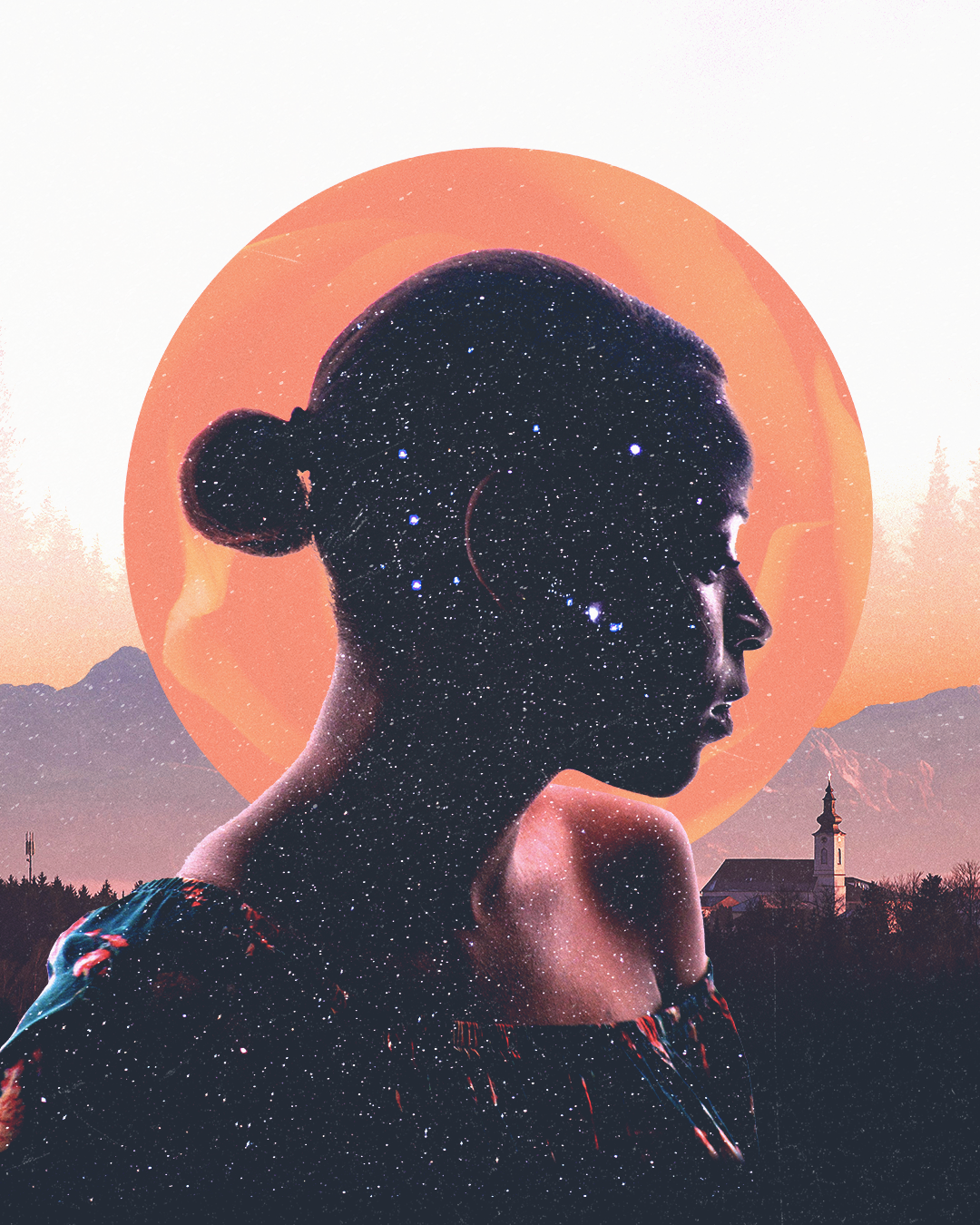 Silhouette of a woman's side profile against a cosmic sky with stars, set over a mountain landscape with a sunset, a forest, and a church.