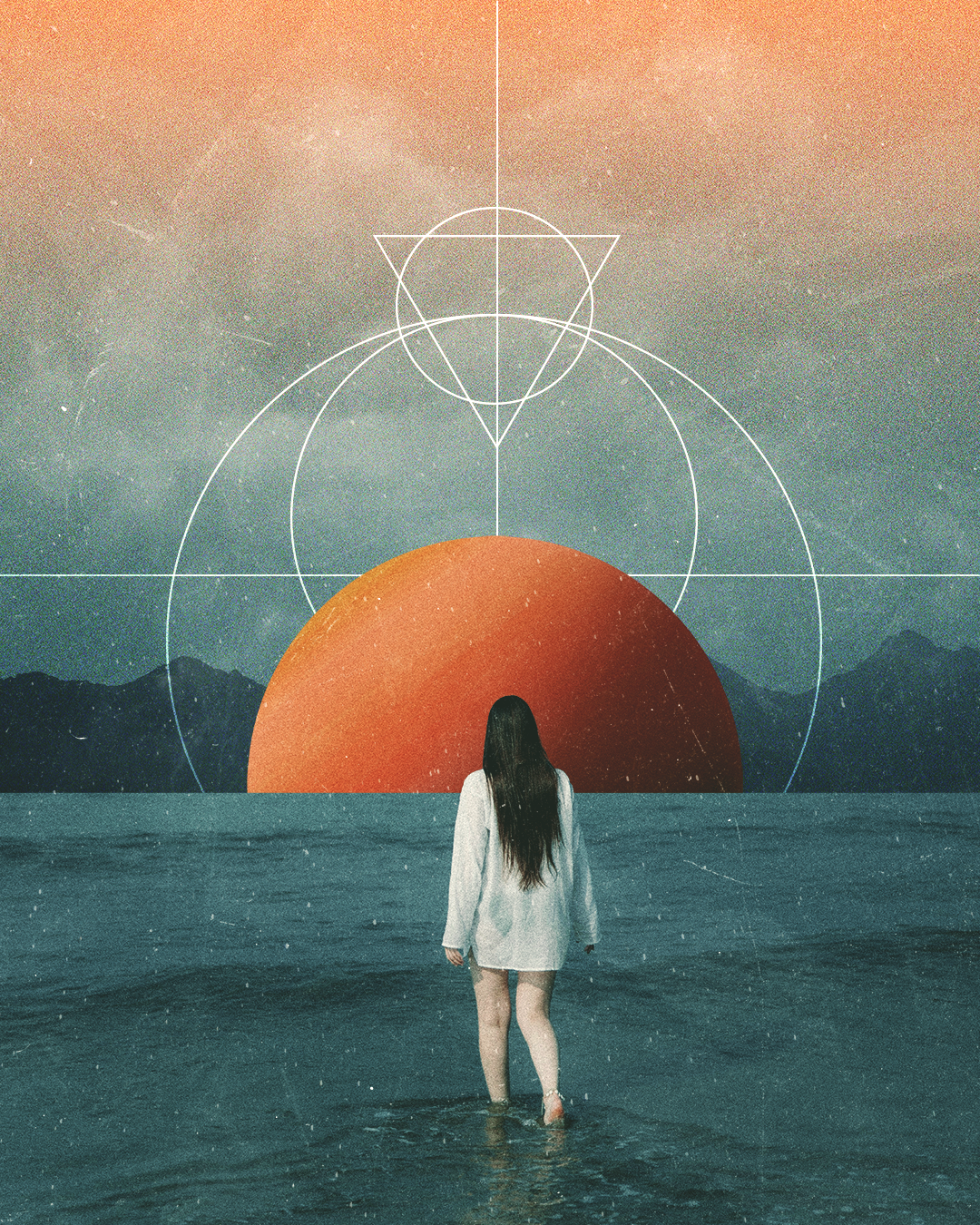 A woman with long dark hair wearing a white shirt walks into a body of water at sunset. In the background, there are mountains and an artistic depiction of geometric shapes and circles, with a large red sphere partially submerged. The sky has a gradi