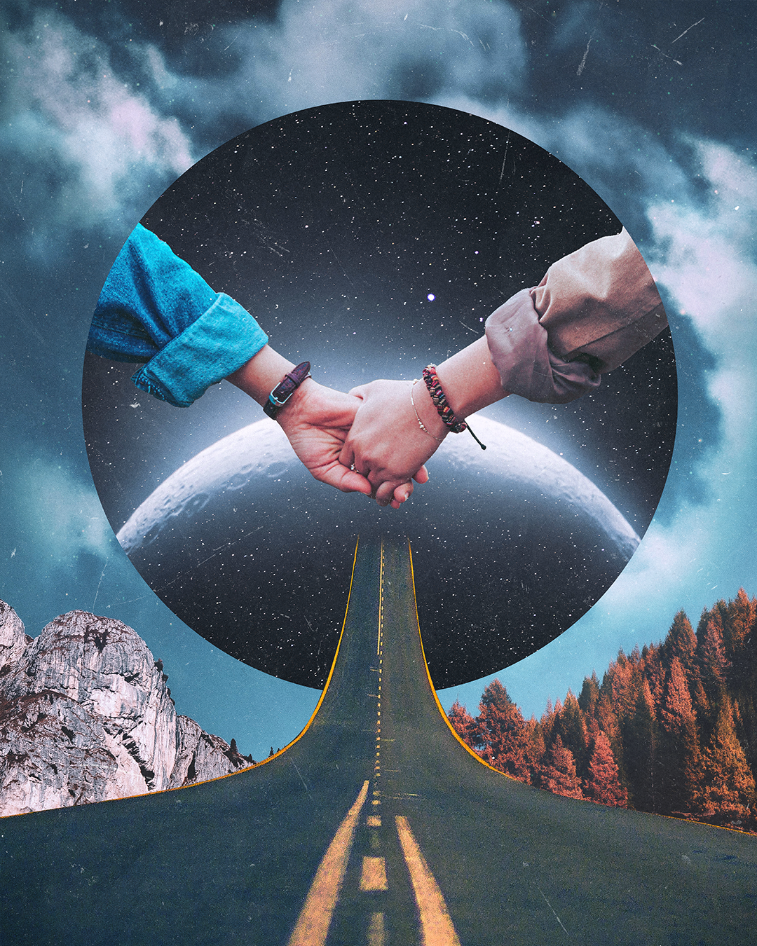 Surreal collage of two hands holding, set against a cosmic background with mountains and a road.