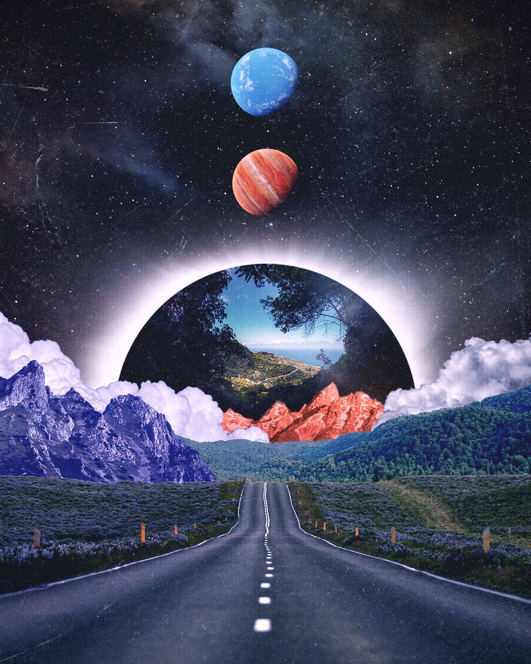 A surreal landscape featuring a road leading to a mountainous horizon with a large, surreal circular portal through which a lake, sky, and trees are visible. Above, the night sky is filled with stars and planets, including a blue planet, a red planet