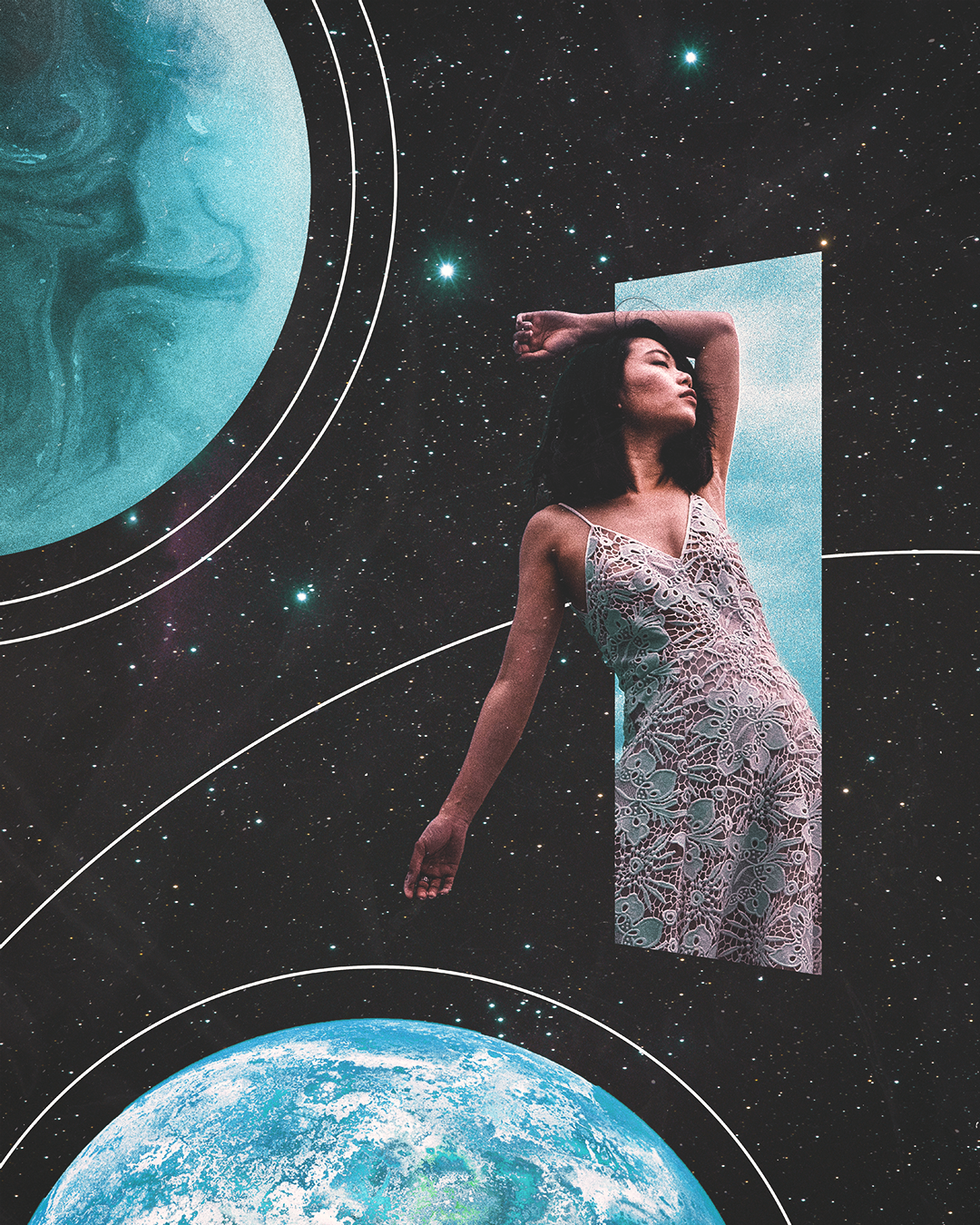 A woman in a lace dress with her eyes closed, standing in a rectangular portal, set against a cosmic background with planets and stars.