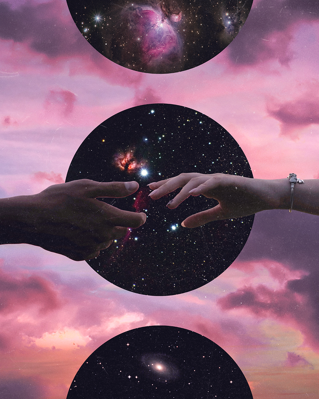 Two hands reaching towards each other with a cosmic background, including stars and nebulae, layered with three circular images of outer space, creating a surreal planetary or space theme.