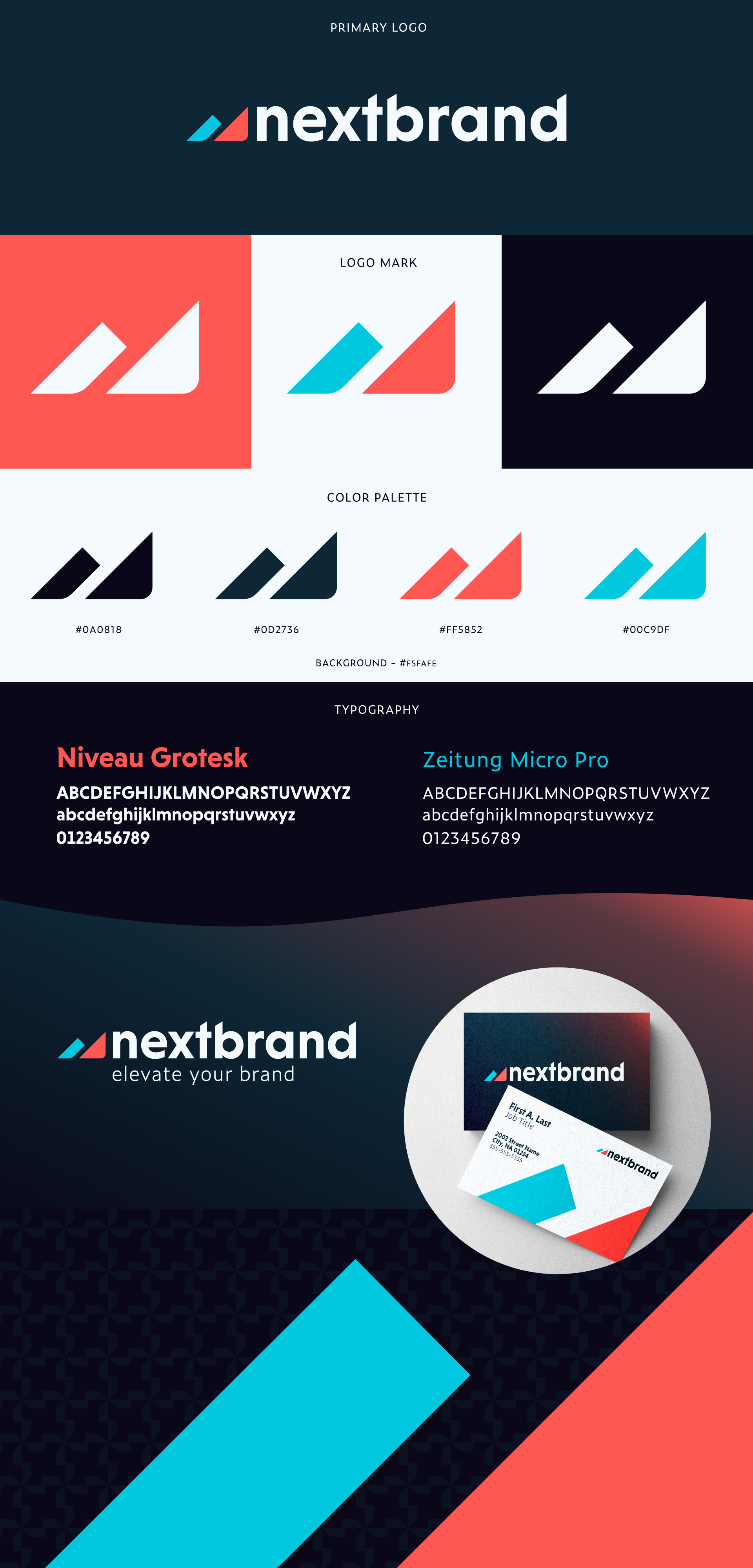 A branding style guide for 'nextbrand' featuring a logo with a blue and red arrow, color palette with black, dark teal, coral, and bright blue, typography samples with 'Niveau Grotesk' and 'Zeitung Micro Pro', and branding materials like business cards and a logo on screens.