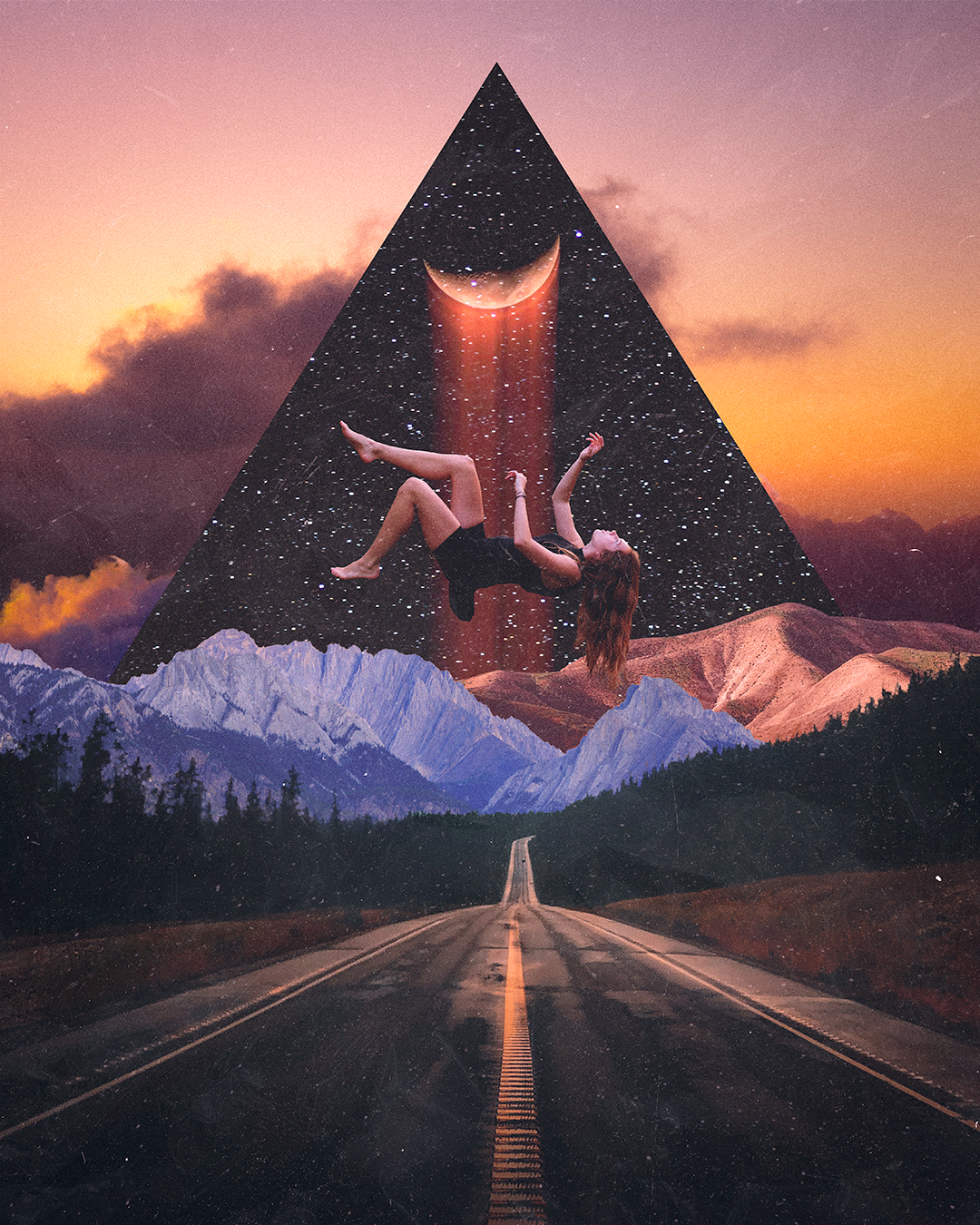 A surreal digital collage with a sunset sky, mountain range, and a long road leading to a mysterious triangle-shaped object in the sky. Inside the triangle, a starry night sky features a crescent moon emitting a red light, and a woman floating in spa