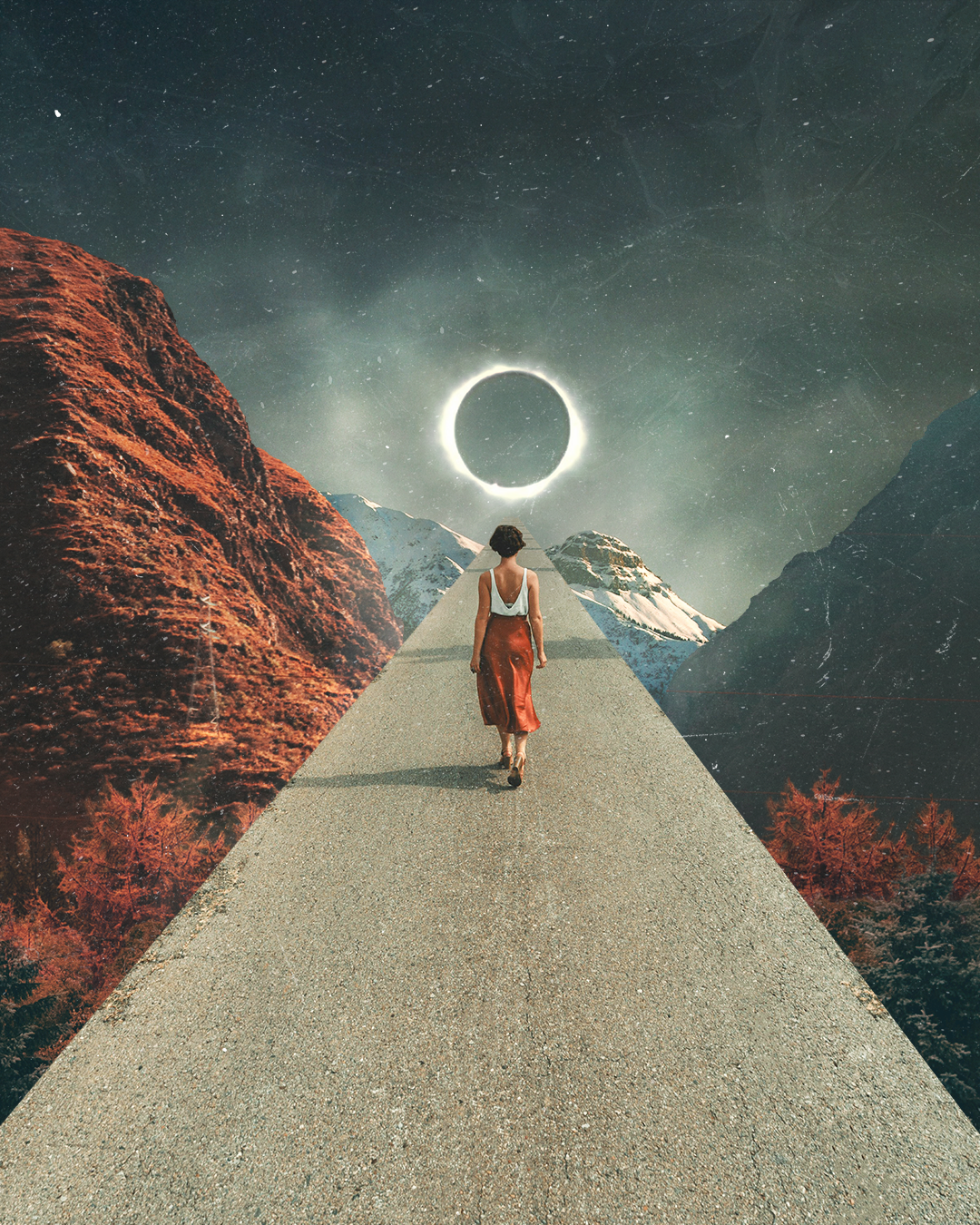 A woman walking on a straight road between mountains toward a bright eclipse in the sky.