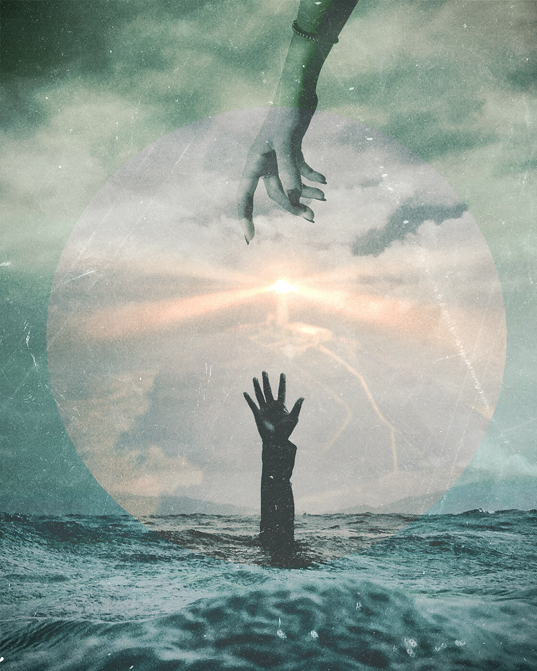 A surreal digital art image showing a hand reaching out of the ocean with a lighthouse in the background, with a large, semi-transparent hand reaching down from the sky to the hand in the water.